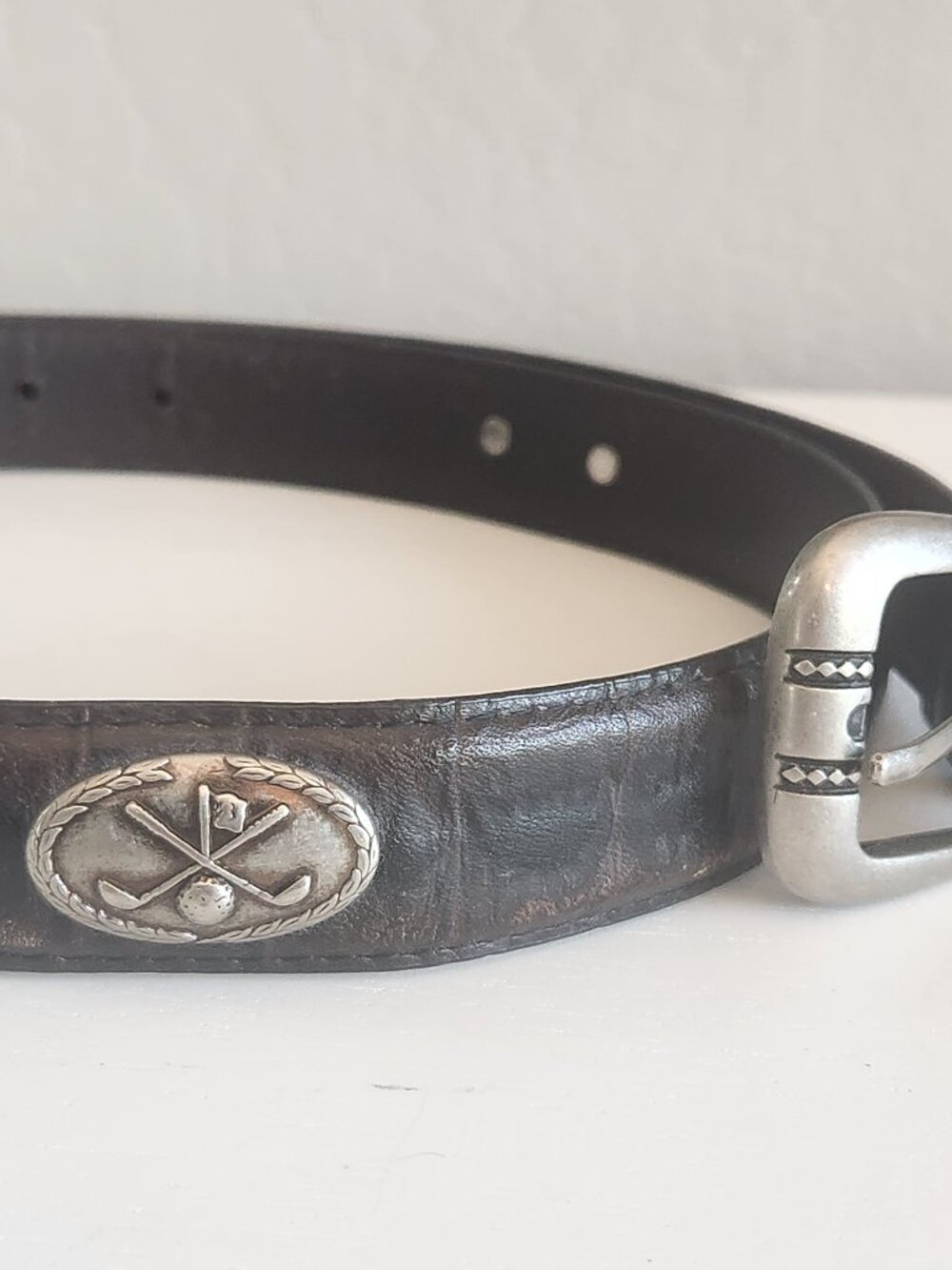 Vintage Imported Italian Leather w/Silver Concho Black Golf Belt | fits 37"- 41"